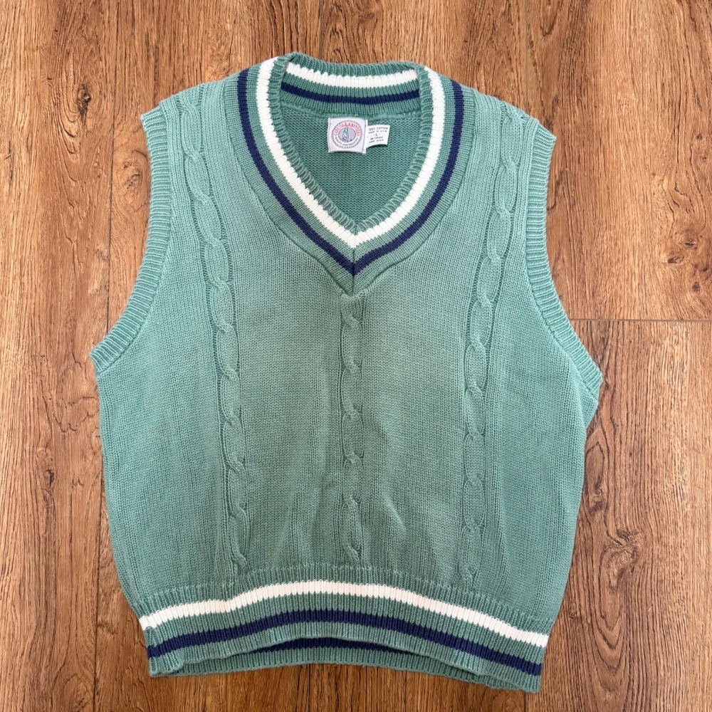 VTG 90s‎ Cape Isle Knitters Hand Knit Sweater Vest Green Mens L Cotton Golf USA